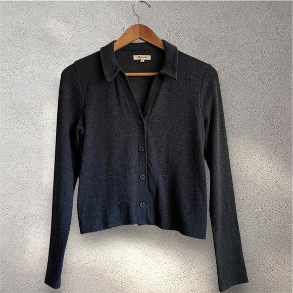 Madewell Gray Polo Sweater Cardigan Crop Ribbed Knit Collared Long Sleeves S - Picture 5 of 7